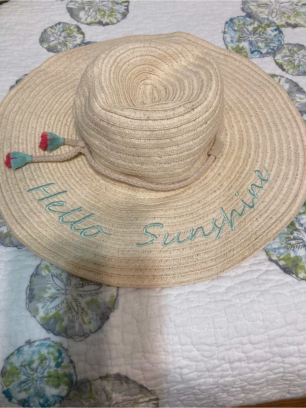 Hello Sunshine Wide-Brim Straw Sun Hat - Cream with Aqua Embroidery